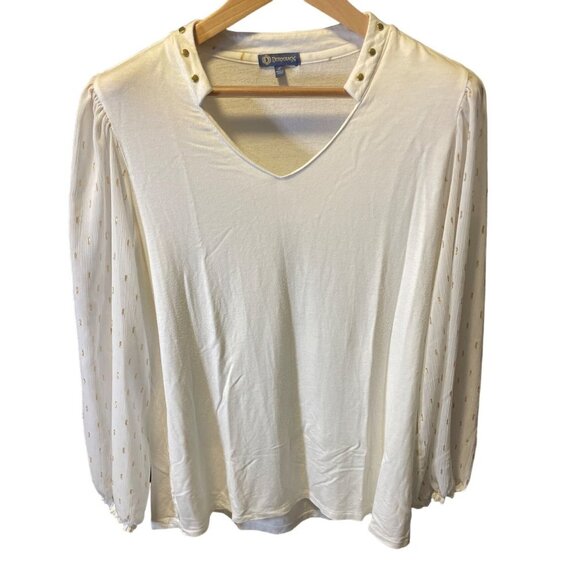 Democracy White Three Quarter Blouson Sleeve Wide V Neck Top SZ Large - Picture 1 of 7